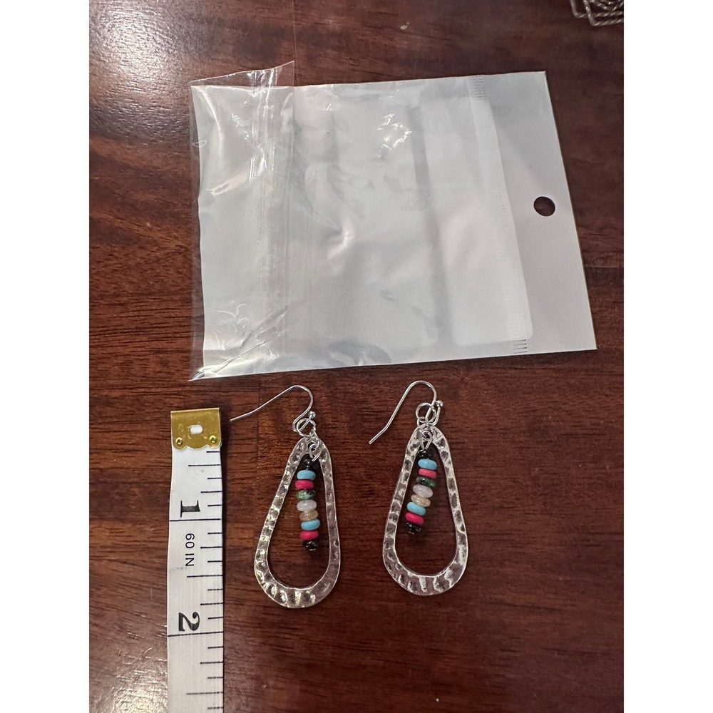 Dangle Earrings Silver‎ Tone Hammered Teardrop Colorful Beads Fashion Jewelry